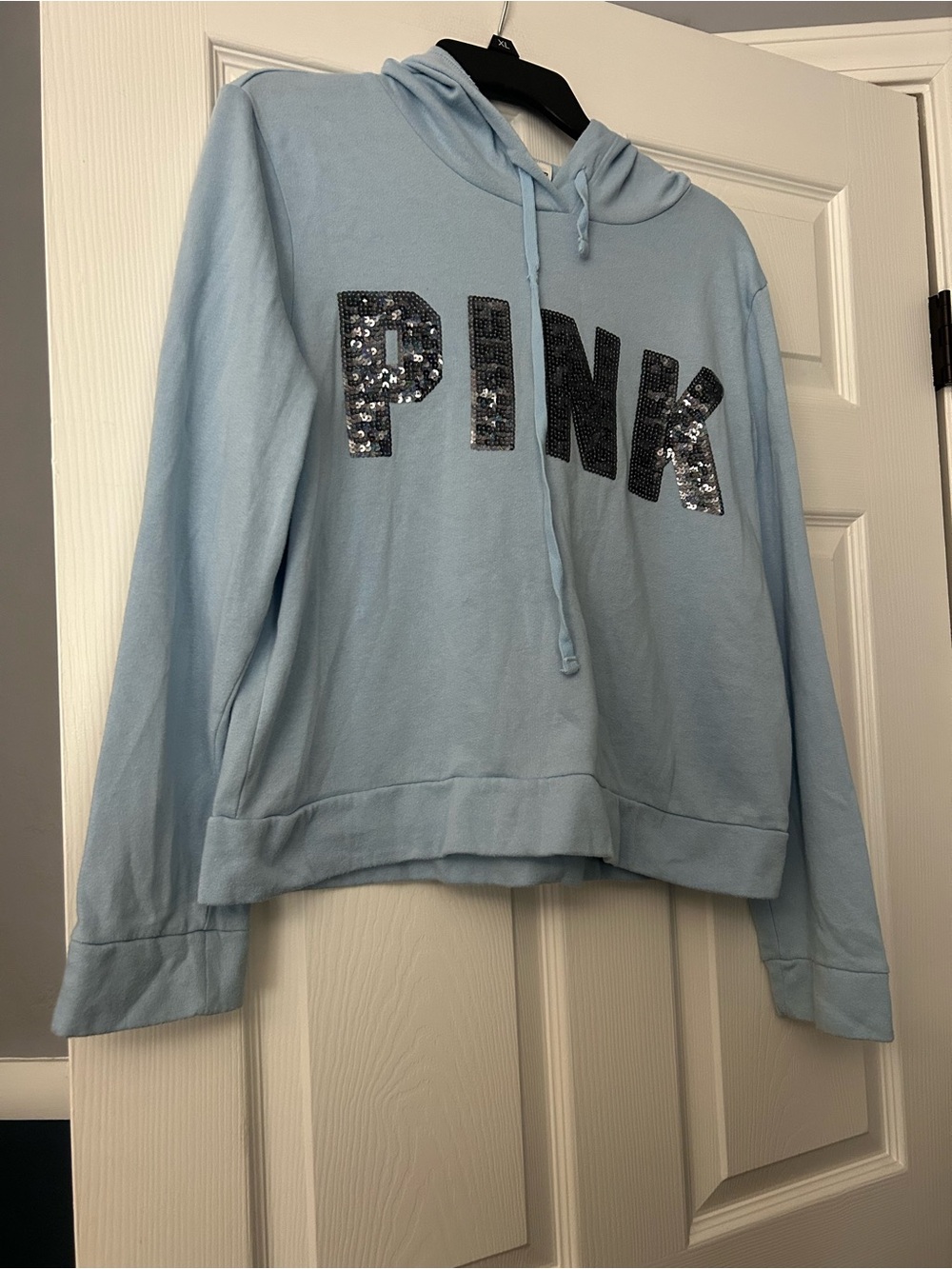 PINK Victoria's Secret Light Blue Sequin Logo Hoodie Sweatshirt